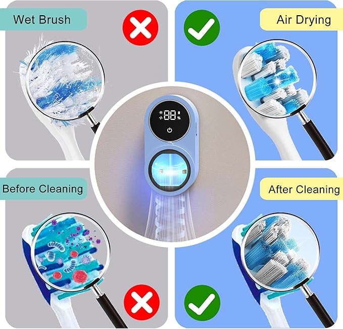 Toothbrush Holder and Cleaner for Bathroom Light Cleaning Fan Drying Round in Circle Automatic Rotating Cover Wall Mounted Smart Home Gadgets (02 Blue)