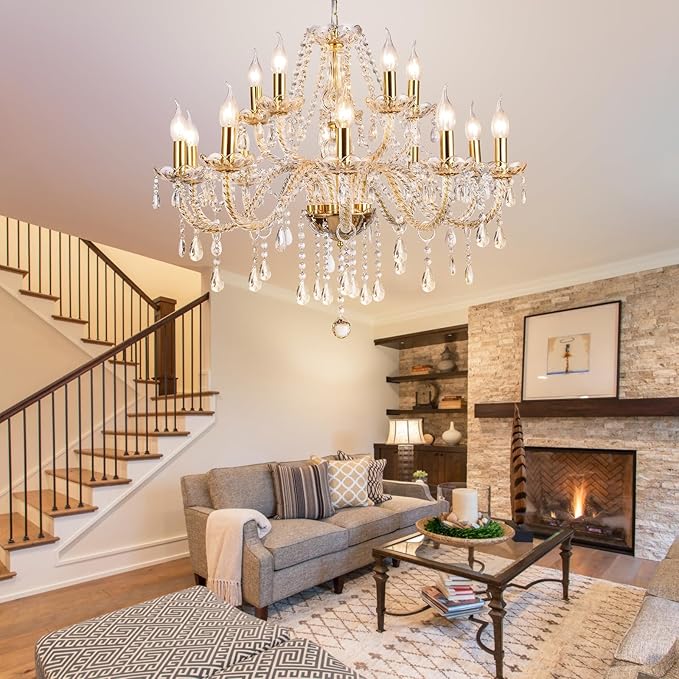 Modern Elegant 15 Lights K9 Crystal Glass Chandelier Golden Pendant Ceiling Lighting European Style for Dining Living Room Bedroom Transparent,15 E12 Bulbs Required