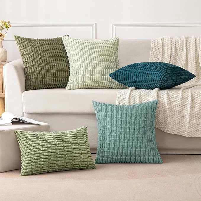 MIULEE Pack of 2 Corduroy Decorative Throw Pillow Covers 20x20 Inch Soft Boho Striped Pillow Covers Modern Farmhouse Home Decor for Summer Sofa Living Room Couch Bed Teal Green