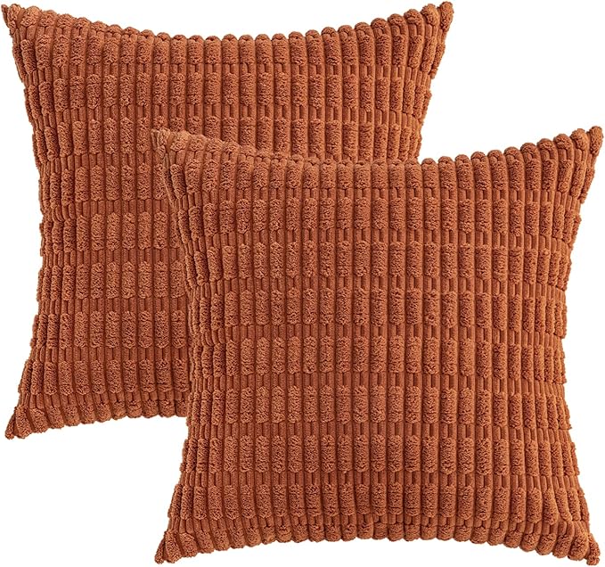 MIULEE Pack of 2 Rust Corduroy Decorative Fall Pillow Covers 20x20 Inch Soft Boho Striped Throw Pillow Covers Modern Farmhouse Home Decor for Summer Sofa Living Room Couch Bed