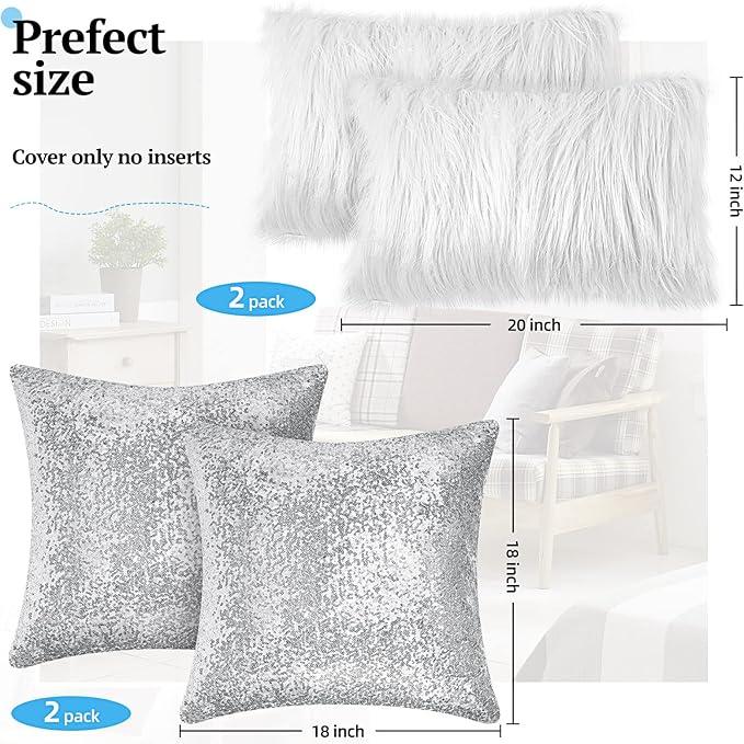Irenare 4 Pcs Sequin and Fluffy Pillow Covers Winter Throw Pillow Cases Soft Cushion Cover for Couch Bed Sofa Xmas Day(18 x 18 Inch, 12 x 20 Inch,White, Silver)