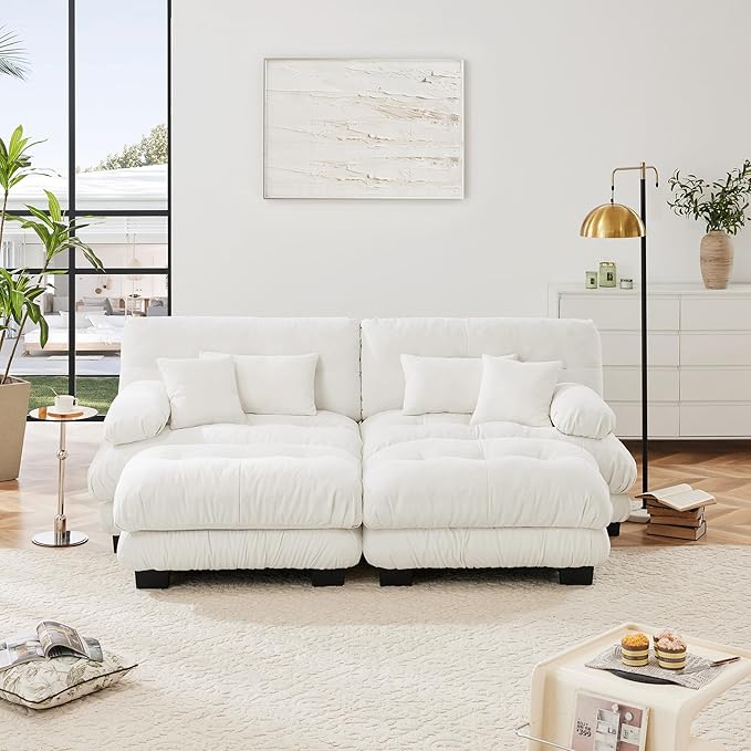Loveseat Modular Sectional Sofa, U Shaped Couch with Ottoman, Cloud Couch Sectional Couch Home Sofa Living Room Oversized Couch Deep Seat Couch with Round Bolster Armrests 4 Pillows(White)