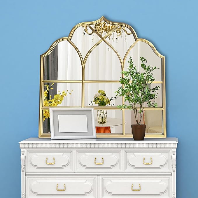 Window Mirror Pane Scalloped, Wide Arched Gold Mirrors Decorative, Cathedral Arch Wall Decor with Metal Windowpane Grid for Mantle Entryway Fireplace Hallway Living Room