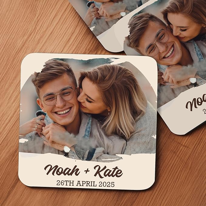 60 Pack Personalized Wedding Coasters, Custom Cardboard Coasters for Drinks with Photo Print and Text, Keepsake Wedding Favors and Gifts for Couples, 4x4 Square, Design 3