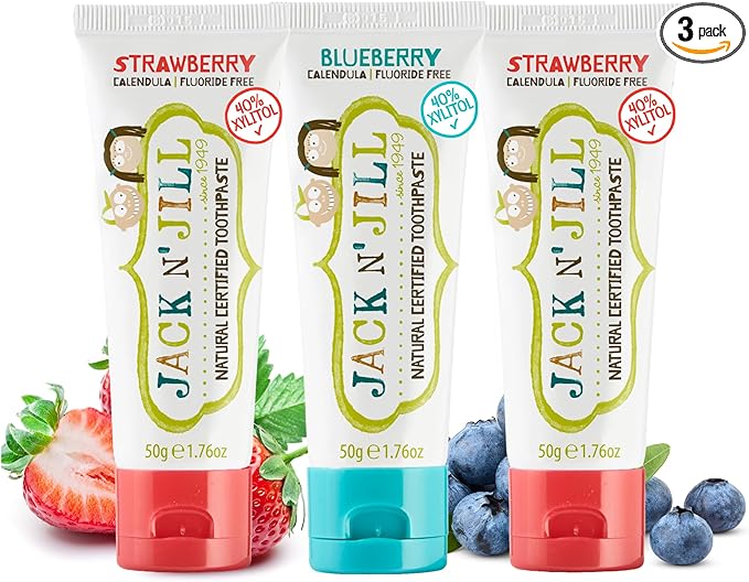 Jack N' Jill Natural Toothpaste for Baby and Infants - Fluoride Free Training Toothpaste, 40% Xylitol, BPA Free - Strawberry & Blueberry, 1.76 oz (Pack of 3)