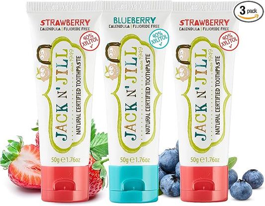 Jack N' Jill Natural Toothpaste for Baby and Infants - Fluoride Free Training Toothpaste, 40% Xylitol, BPA Free - Strawberry & Blueberry, 1.76 oz (Pack of 3)