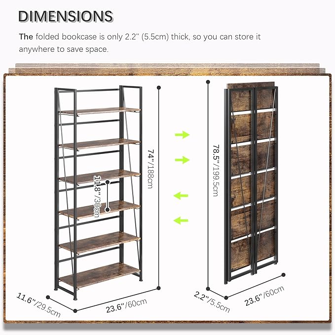 4NM No Assembly Foldable Bookshelf, 6-Shelf Collapsible Bookcase Storage for Small Spaces, 74" H, Rustic Brown and Black