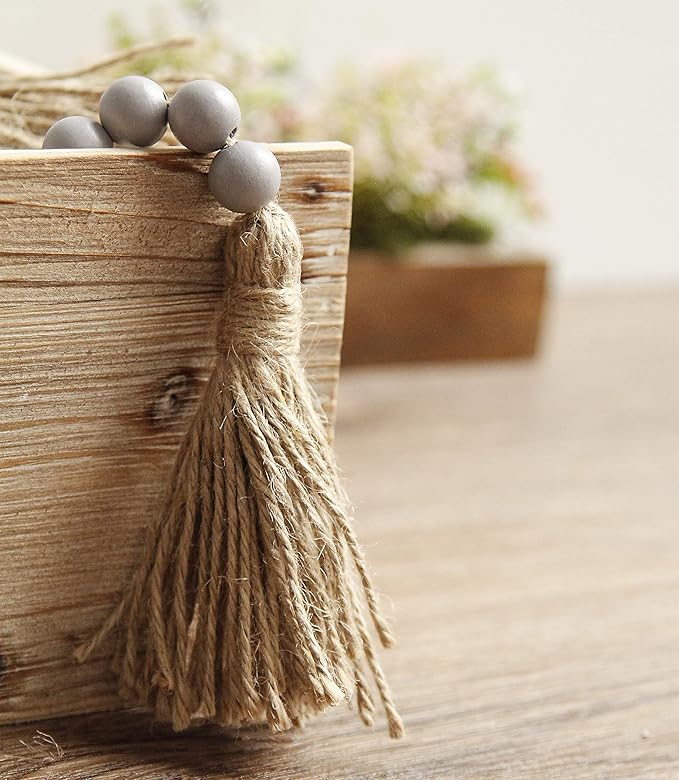 58in Wood Bead Garland with Tassels, Farmhouse Rustic Country Decor Prayer Boho Wall Hanging Decoration (Gray)