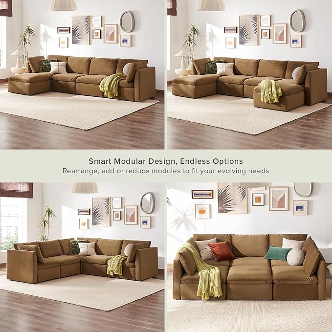 mopio Oversized Modular Sectional Sofa with Fully Removable Covers and Storage, Convertible U, L-Shaped and Sleeper Sectional, Modern Couches with Ottoman Chaise (Hazelnut Velvet, 5 Seats, L)