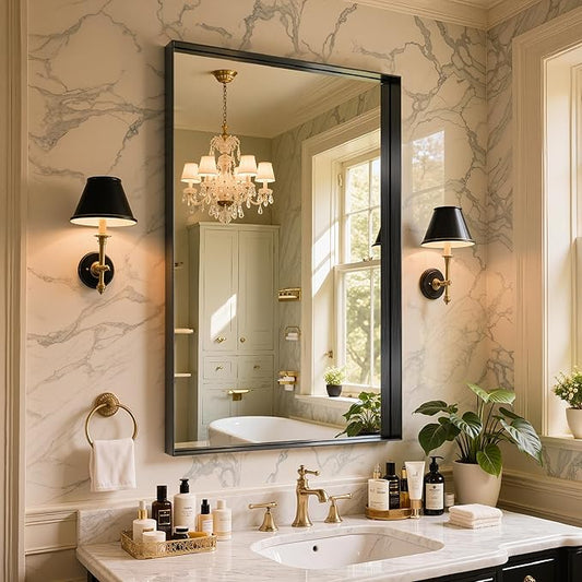 55"x30" Black Framed Bathroom Mirror, Large Rectangular Vanity Mirror, Aluminum Metal Frame, Wall Farmhouse Modern Wall-Mounted Mirrors for Bathroom, Bedroom, Living Room, Over Sink