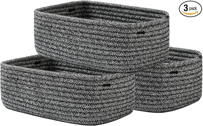 KALLAX Small Woven Basket, 12 x 8 x 4.5 Inches, Storage Basket for Organizing, Cute Small Rope Shelf Closet Cube Storage Bins Baskets for Shelves, Dog Toy Gift Baskets Empty, 3 Pack Mixed Black