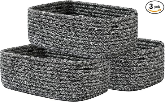KALLAX Small Woven Basket, 12 x 8 x 4.5 Inches, Storage Basket for Organizing, Cute Small Rope Shelf Closet Cube Storage Bins Baskets for Shelves, Dog Toy Gift Baskets Empty, 3 Pack Mixed Black