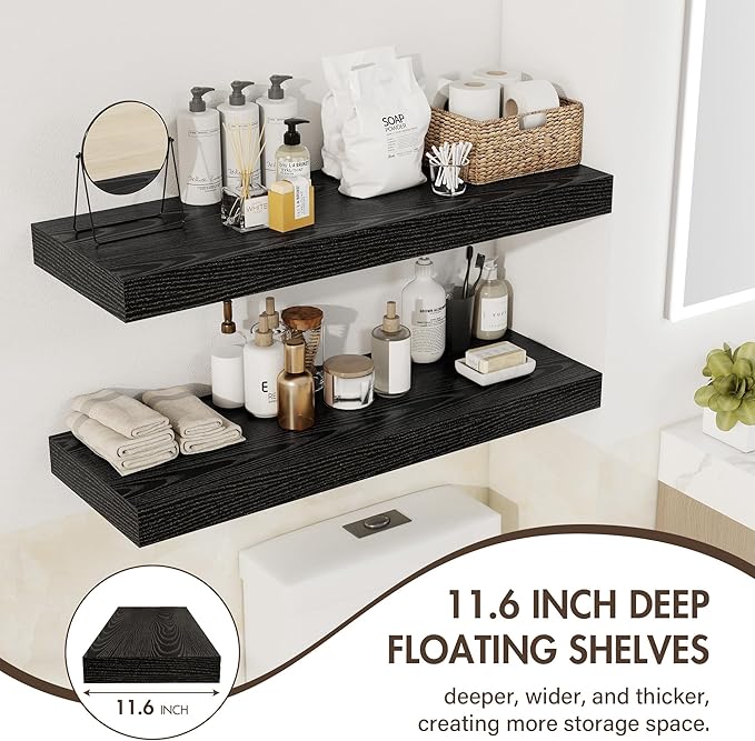 55 Inch Floating Shelves, 12" Deep Floating Shelf Wall Mounted, 55" Wall Shelves, Rustic Deep Bookshelf, Extra Deeper & Thicker Display Shelves for Bedroom, Living Room, Black, Set of 2