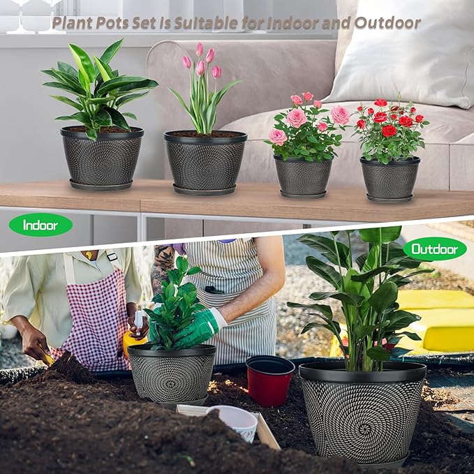Quarut 15 Inch 4 Pack Large Plant Pots, Plastic Flower Pot for Indoor & Outdoor with Drainage Holes & Saucer, Circle Pattern Planters Garden Pots for Herbs