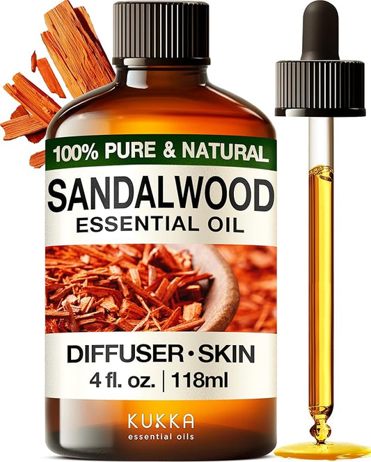Kukka Sandalwood Essential Oil for Diffuser & Skin - 4 Fl Oz - 100% Pure Natural Sandalwood Oil, Woody Scent, for Massage, Perfume, Hair, Aromatherapy, Candle & Soap Making Scent DIY