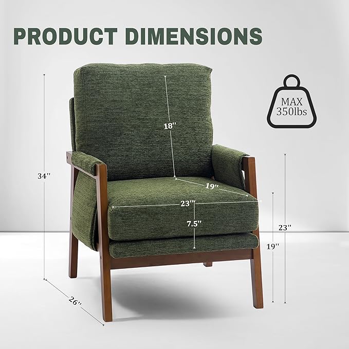 Modern Accent Chair for Living Room Mid Century Arm Chair Upholstered Bedroom Chair Comfy Lounge Chair with Solid Wood Frame, Green