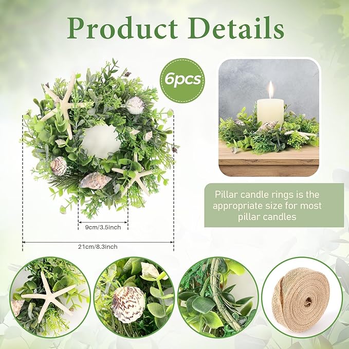 6 Pcs Shell Starfish Swag Wreath Summer Wreaths for Kitchen Cabinet Mini Artificial Rustic Farmhouse Wreaths with Ribbon for Pillar Front Door Porch Wall Window Farmhouse Decoration