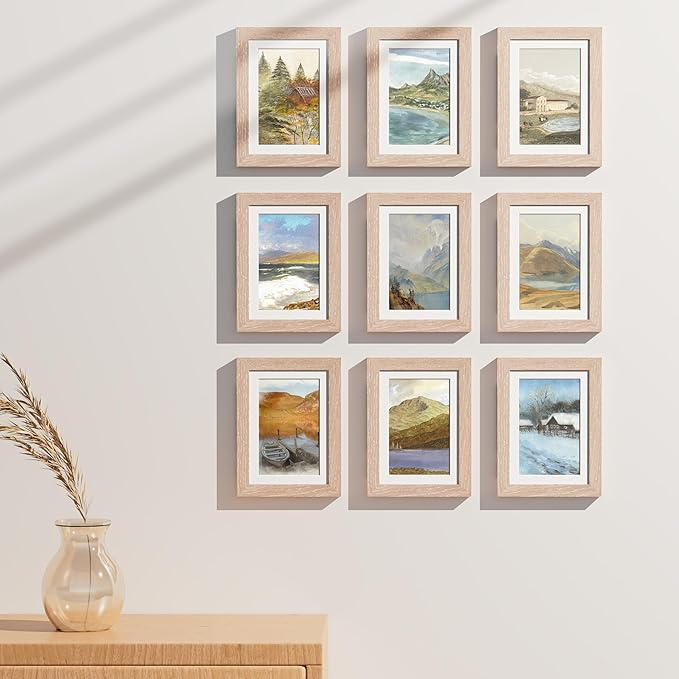 Vittanly 5x7 Picture Frames Set of 9, Shatter Resistant Plexiglass, Display 4x6 Pictures with Mat or 5x7 without Mat, Photo Frames for Wall or Tabletop, Engineered Wood, Rustic Pink