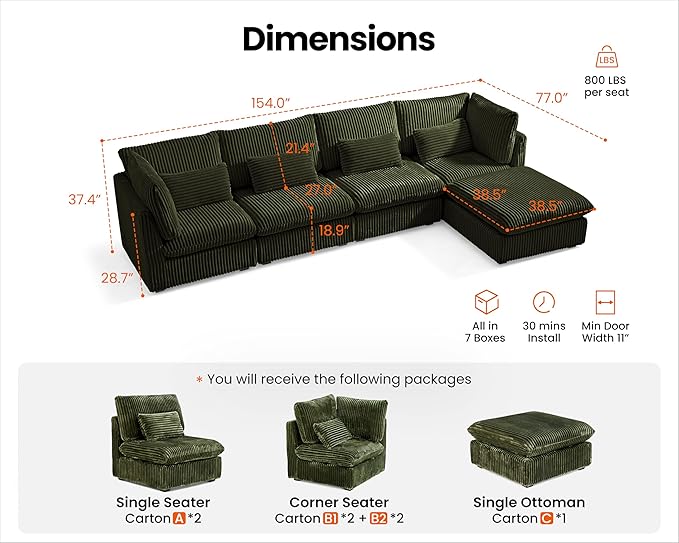 Oversized Modular Sofa, Extra Deep Cloud Corduroy Sectional Couch with Ottoman Chaise, Fluffy Corduroy 5 Seater Sofa Bed for Living Room, Villa (L Shape 5 Seater, Corduroy Green)