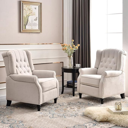 EBELLO 2 Pcs Pushback Recliner Chairs, Fabric Armchair Push Back Recliner with Rivet Decoration, Single Sofa Accent Chair for Living Room, Bedroom,Beige