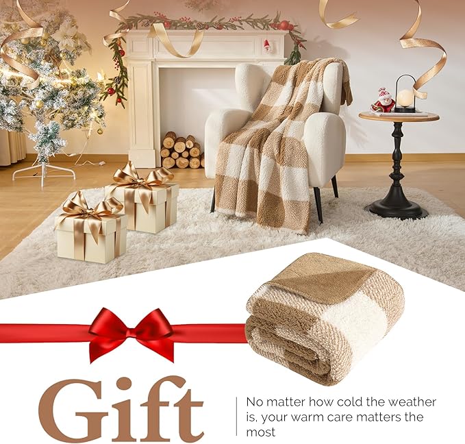 LURKA Checkered Sherpa Fleece Queen-Size Bed Blanket - Extra Thick and Warm Winter Soft Fuzzy Plush Blanket for Couches, Beds & Pets, Brown, 90x90 Inches