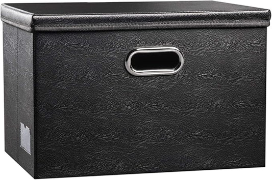 PRANDOM Large Collapsible Storage Bin with Lid [1-Pack] Leather Fabric Foldable Storage Box Organizer Containes Basket Cube with Cover for Home Bedroom Closet Office Nursery Black (17.7x11.8x11.8)