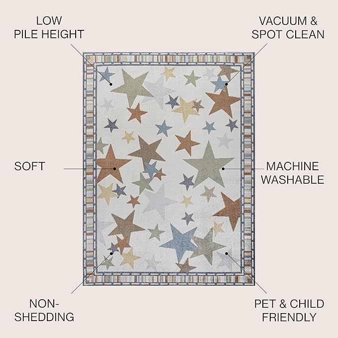 JONATHAN Y Machine-Washable Ivory/Blue/Orange Runner Rug, 2x8, Star Gazer Geometric, Border, Kids & Novelty, Classic, Bedroom, Kitchen, Living Room, Easy-Cleaning, Non-Shedding (KDW100A-28)