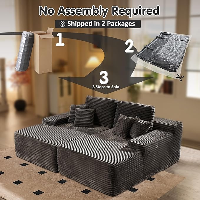 ovios 81" Oversized Sectional Double Lounge Chaise with Cloud Plush Sofa Bed, No Assembly Required, Fluffy Modern Sleeper Loveseat Chair for Indoor Living Room Bedroom Reading, Grey (Plush Fabric)