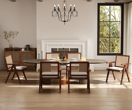 Rattan Dining Chairs Set of 6, Farmhouse Wicker Dining Chairs with Removable Linen Cushion Accent Cane Armchair for Dining Room Kitchen Restaurant, Walnut