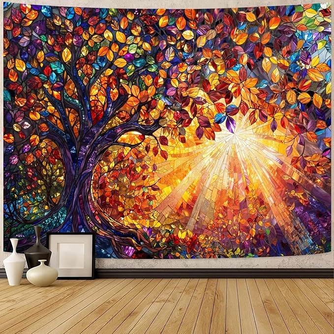 Lunerfex Tree of Life Tapestry Stained Glass Tapestry Wall Decor Tapestries for Bedroom Art Tapestries Wall Hanging for Bedroom Living Room Glass-Tree-03 60"x80"