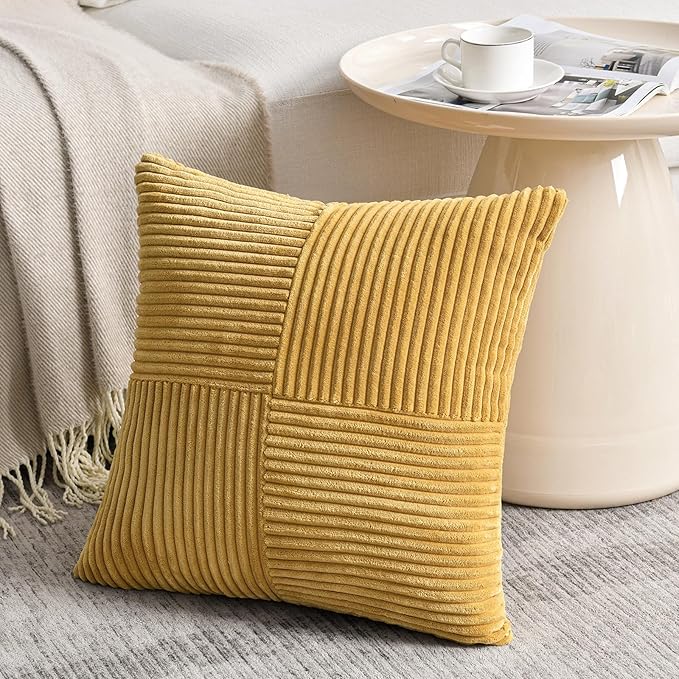 Fancy Homi 2 Packs Mustard Yellow Euro Decorative Throw Pillow Covers 28x28 Inch for Couch Bed, Farmhouse Boho Home Decor, Soft Corss Corduroy Patchwork Textured Square Cushion Case 71x71 cm