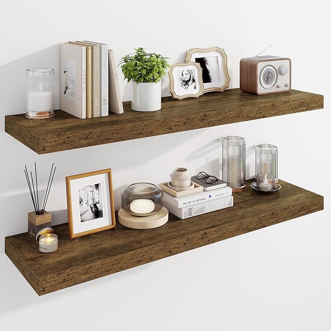 Marsmiles 39" Floating Shelves for Wall, Wooden Shelves with Invisible Brackets Set of 2, Rustic Farmhouse Wall Mounted Shelf for Kitchen Bathroom Living Room Study, Rustic Brown
