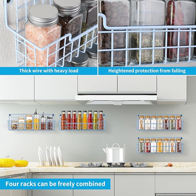 Spice Rack Wall Mount, Wall Spice Organizer for Kitchen Cabinet Door, Pack of 4 Hanging Spice Rack for Wall Saving Kitchen Space, Light Blue