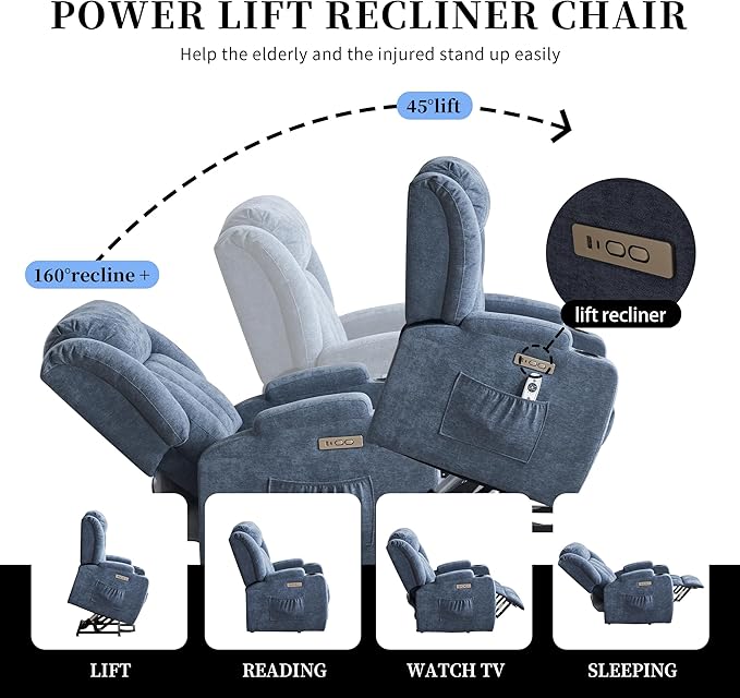 Power Lift Recliner Chair for Elderly with Massage and Heat, Recliner Chairs for Adults, Upgraded Fabric Reclining Sofa Chair with USB & Type-C Ports and Side Pockets, L1188 (Blue)