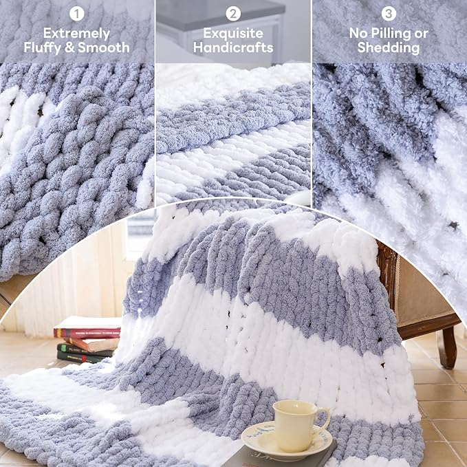 Chunky Knit Blanket - Luxury Soft Cozy 60 * 80 Throw Blanket,100% Woven Blanket Rope Knot Throw Blanket for Couch, Sofa, Home Decor, Gift - Machine Washable（White/Light Gray）