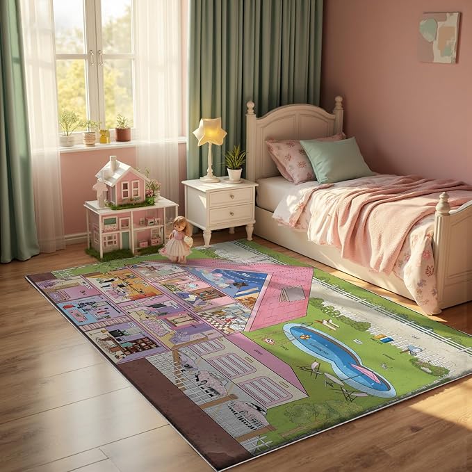 5x7ft Kids Doll House Play Rug,Non-Slip Faux Wool Carpet with Interactive English Words, Educational House Rooms Design for Playroom, Bedroom, Nursery Gift