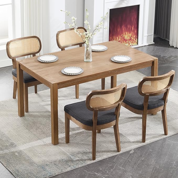 Rattan Dining Chairs Set of 6 Upholstered Linen Kitchen & Dining Room Chair with Curved Backrest Farmhouse Kitchen Chair Solid Wood Armless Side Chair for Dining Room/Restaurant, Black