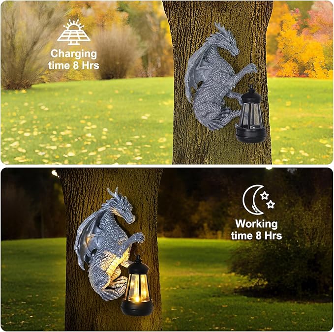 Garden Statues Tree Hugger Dragon - Halloween Dragon Statue Solar Lights Outdoor Patio Wall Decor,Christmas& Mothers Day&Birthday Gifts for Grandma Mom Women,Ideas Arts Crafts Waterproof Resin Lantern