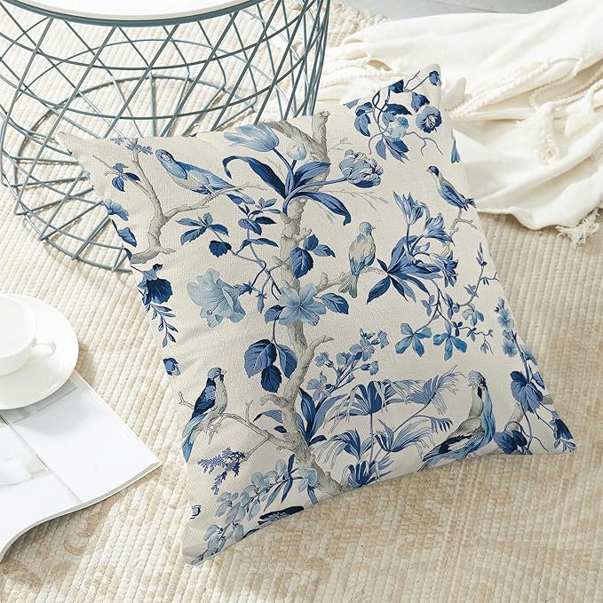 CXMEIFLY Navy Blue Spring Floral Pillow Covers 18 x 18 Inch Set of 2 for Chinoiserie Flowers Bird Decor Throw Pillows Vintage Plant Outdoor Decorative Cushion Cases for Couch Bed Decorations