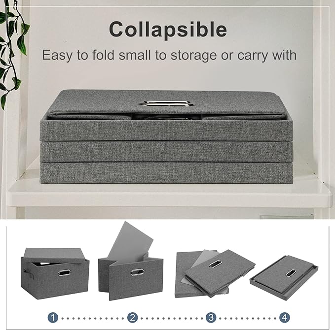 Medium 15" 21 Quart Collapsible Stackable Storage Bins with Lids, 3 Packs Grey Foldable Fabric Closet Boxes Heavy-duty Linen Cube Baskets Container for Bedroom Office (15 x 11 x 8)