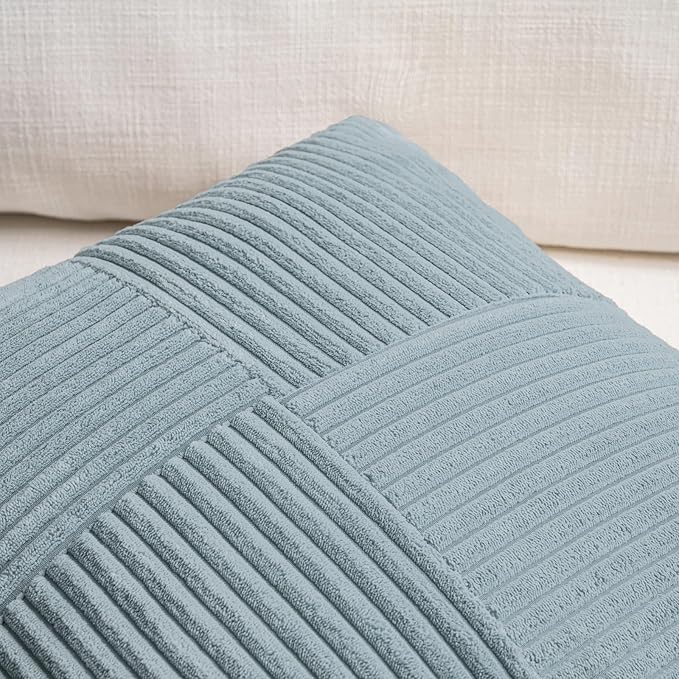 Fancy Homi Set of 2 Light Blue Big Decorative Throw Pillow Covers 24x24 Inch for Couch Bed Sofa, Rustic Farmhouse Boho Home Decor, Soft Cross Corduroy Patchwork Accent Square Cushion Case 60x60 cm