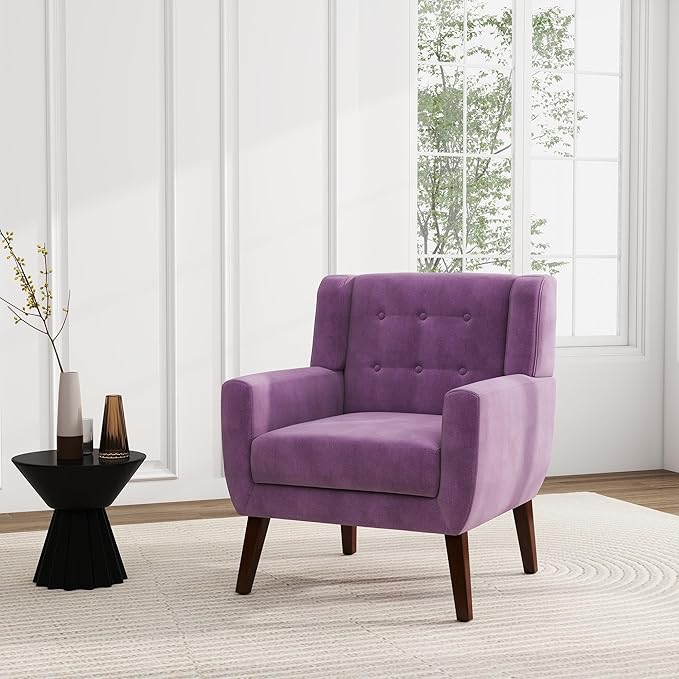 UIXE Accent Chair Modern Upholstered Armchair, Mid Century Club Arm Chairs Comfy Single Sofa Living Room Button Tufted Reading Seat Bedroom Side Seating, Velvet-Purple