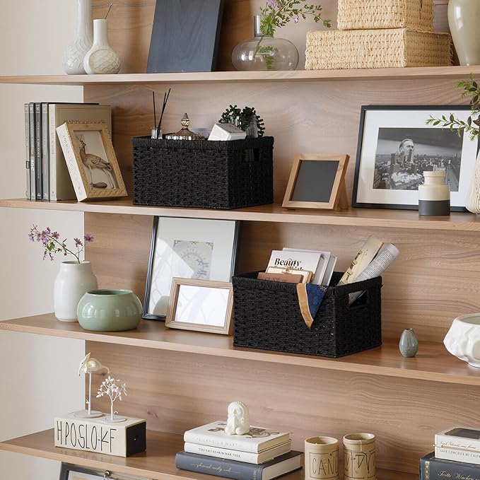 StorageWorks Pantry Baskets, Wicker Storage Baskets for Organizing, Bathroom Shelves, Pantry Organizers and Storage, Medium, Black, 2-Pack