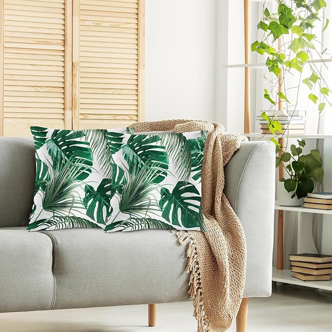 Swono Outdoor Pillow Covers Palm Leaves, Tropical Palm Leaf Home Decorative Throw Pillow Case Cushion Cover for Men/Woman/Bed/Sofa/Office/Car, 18x18 Inch, 2Pcs Pillow Covers, Green Palm