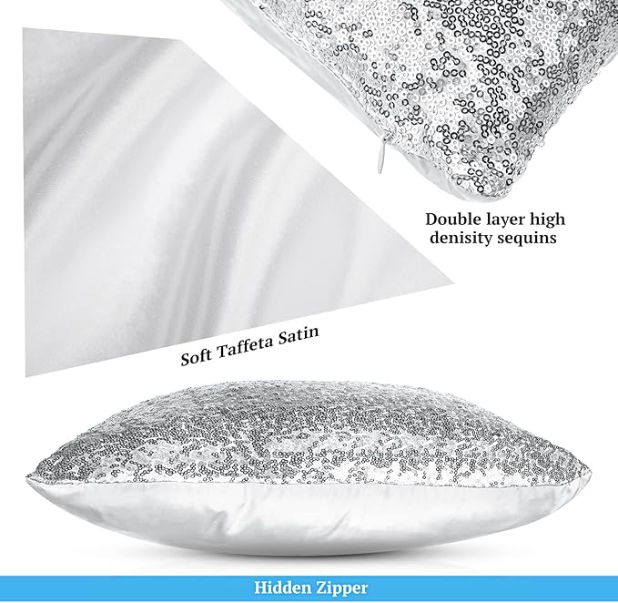 Irenare 4 Pcs Sequin and Fluffy Pillow Covers Winter Throw Pillow Cases Soft Cushion Cover for Couch Bed Sofa Xmas Day(18 x 18 Inch, 12 x 20 Inch,White, Silver)