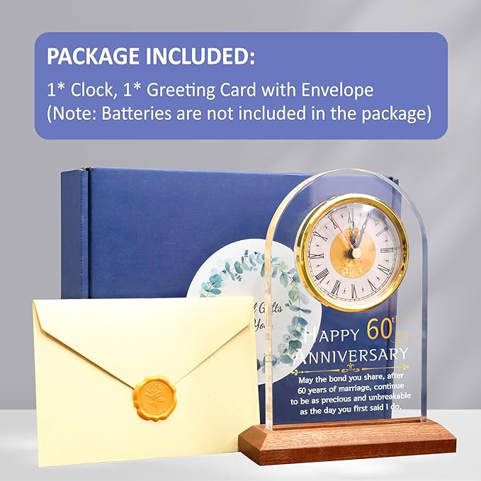 60th Anniversary Wedding Gift, Anniversary Quartz Clock, Desk Table Clock, 60 Years of Marriage, Golden Wedding for Couple, Parents, Grandparents (Wooden Base with LED Light)