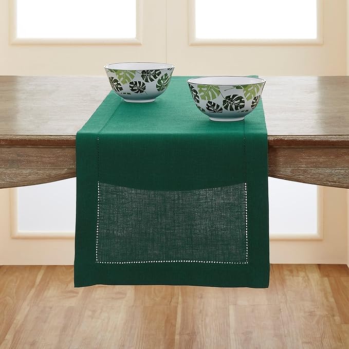 Solino Home Linen Rainforest Green Table Runner 156 Inches Long - 100% Pure Linen Extra Long Table Runner 14 x 156 Inch for Fall, Autumn, Thanksgiving - Classic Hemstitch
