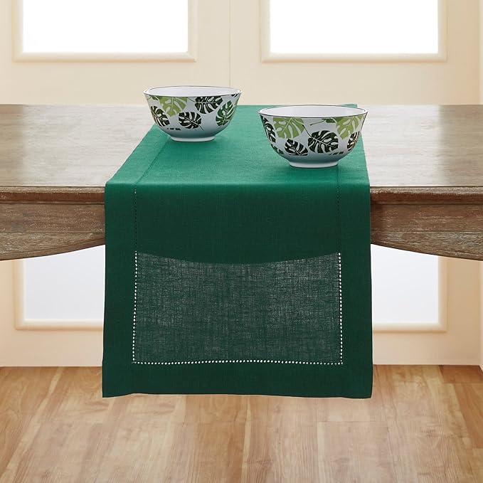 Solino Home Linen Rainforest Green Hemstitch Table Runner 54 Inches - 100% Pure Linen Small Table Runner 14 x 54 Inch Ideal for Dresser and Coffee Tables - Classic Hemstitch - Christmas, Thanksgiving