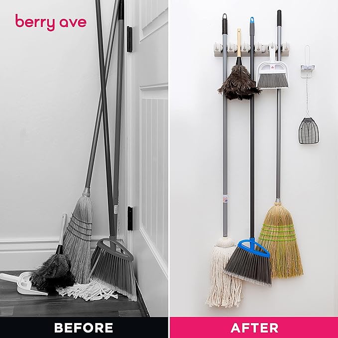 Berry Ave Broom Holder & Wall Mount Garden Tool Organizer- Kitchen, Closet, Garage & Laundry Room Storage With 5 Slots And 6 Hooks- Wall Holder For Broom, Rake & Mop Handles Up To 1.25” [Beige 2-Pack]