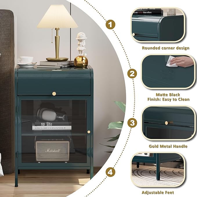 Modern Metal Side Tables, End Tables with Glass Door, 2-Tier Nightstands with Storage Shelves, Accent Table, Slim Sofa Table for Living Room, Bedroom (1, Green)